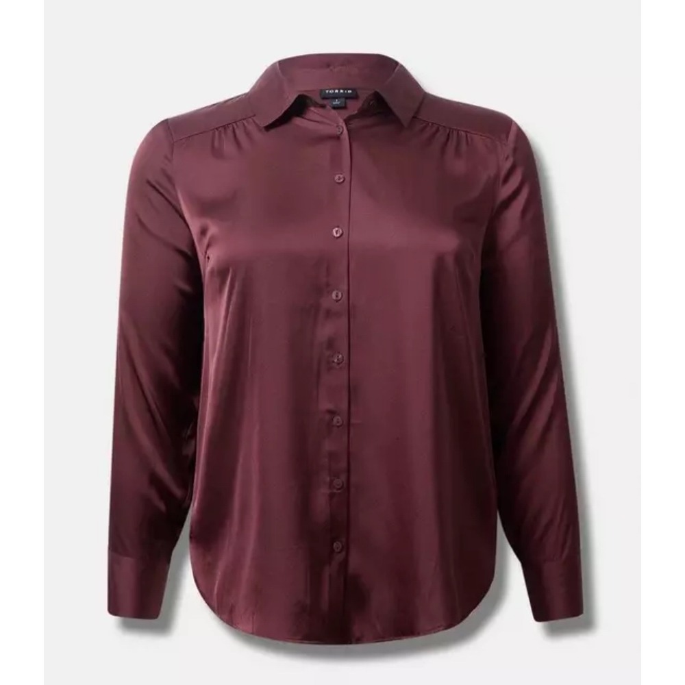 Torrid Madison Satin Button Up Long Sleeve Shirt Sassafras Burgundy Plus 3‎ 3X